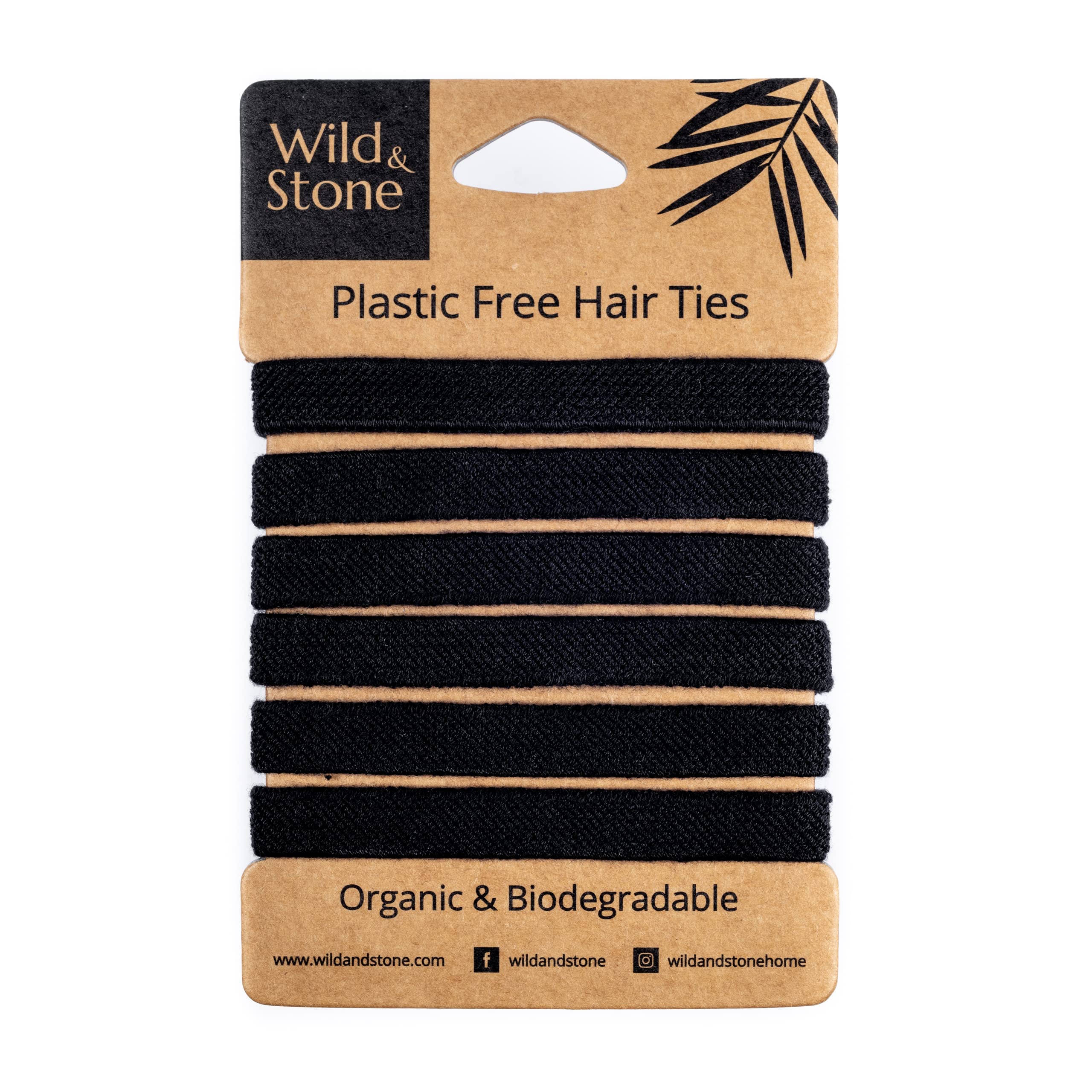 Wild & Stone | Pack of 6 Hair Bands | 100% Biodegradable and Plastic-Free Elastic Hair Ties | 100% Organic Cotton and Natural Plant-Based Rubber | No Crease Ponytail Holder (Black) — image 1