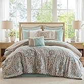510 DESIGN Luxe Quilted Comforter Set Modern Transitional Design, All Season Down Alternative Warm Bedding Matching Shams, Bedskirt, Decorative Pillow, King, Shawnee Scrollwork Seafoam