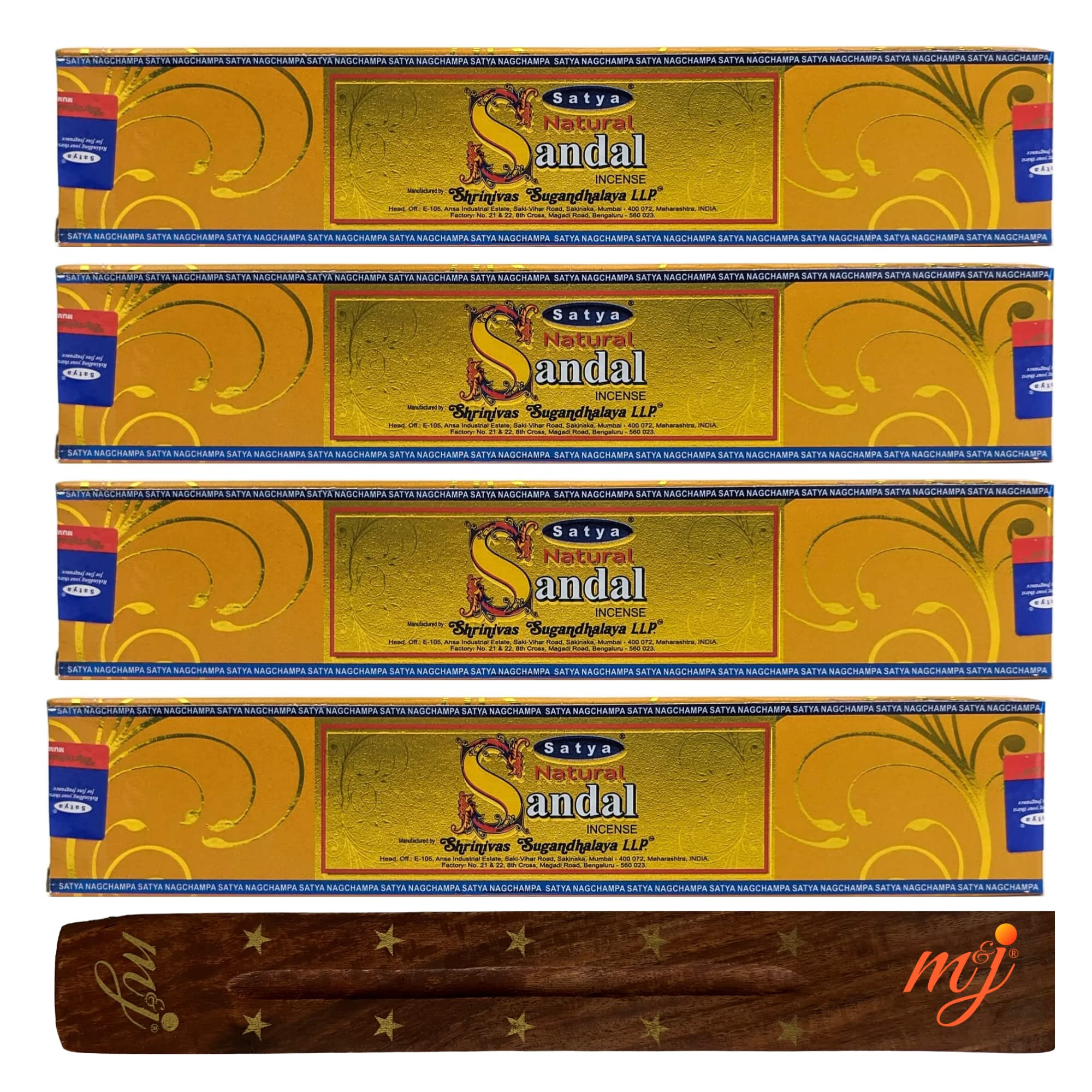 Original Satya Nag Champa Natural Sandal Incense Sticks | with M&J incense sticks holder | x4 pack | for Aromatherapy, Spa, Yoga, Weddings, Meditation, Healing, Positivity and Relaxation — image 1