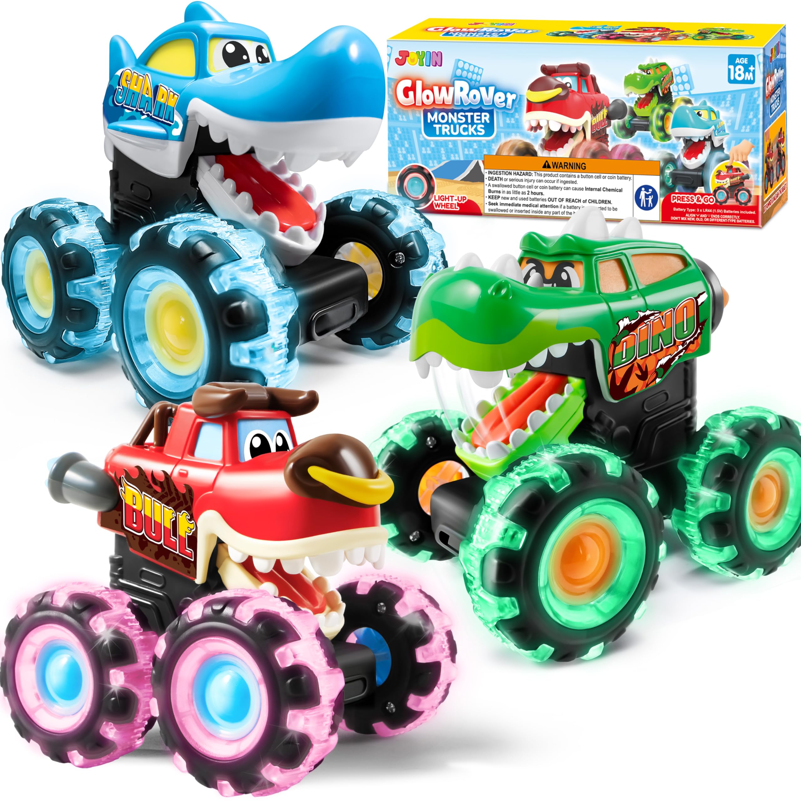 JOYIN 3 Pack Monster Truck Toys for Boy Girl Age 1 2 3 4 5 6, Motion Activated Light-Up Cars, Monster Treads Lightning Wheels, Baby Gift- Pull Back Friction Toy Cars for Kids 1 2+ Year Old Boys