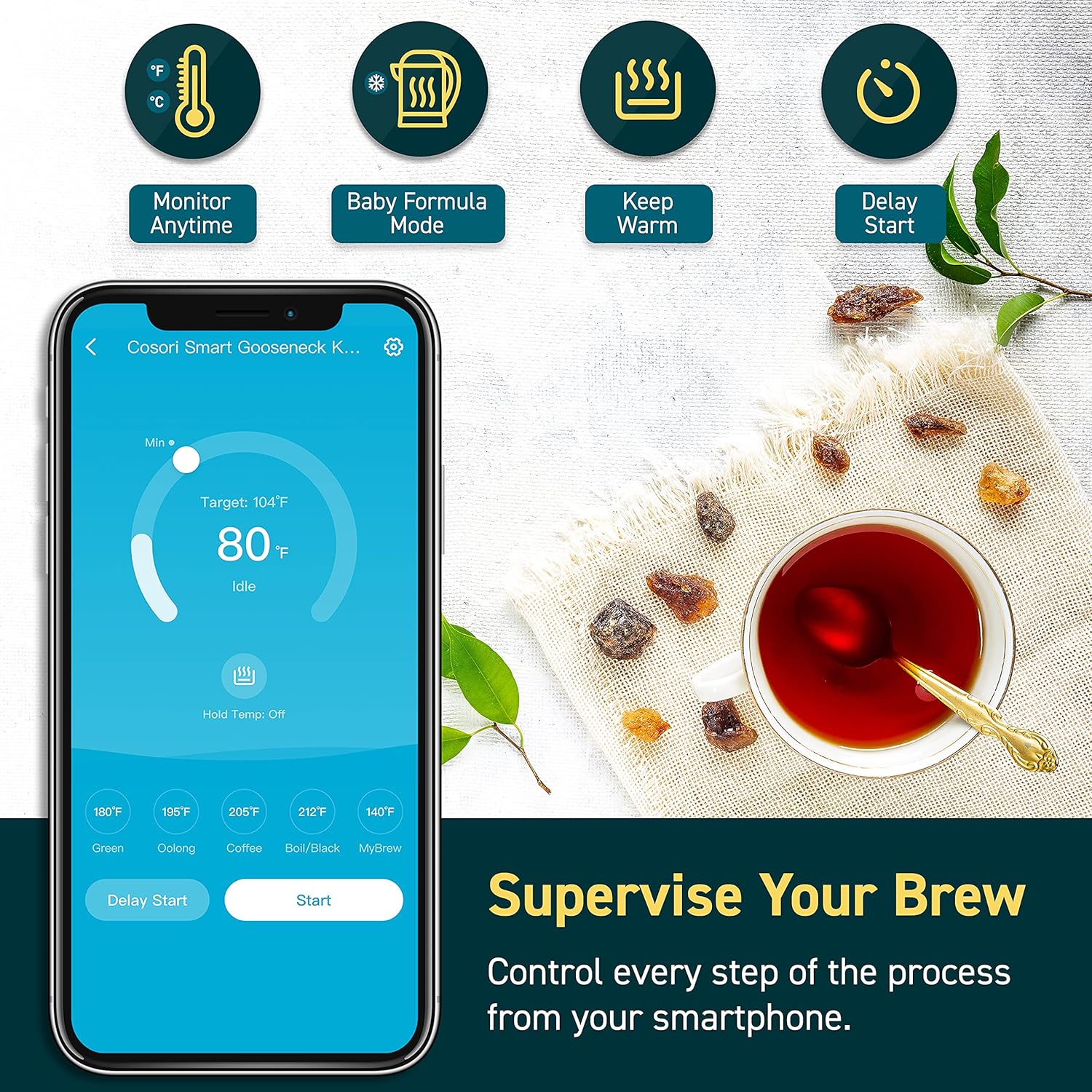 COSORI Electric Gooseneck Smart Bluetooth with Variable Temperature Control Pour Over Coffee Kettle & Tea Kettle, 100% Stainless Steel Inner Lid & Bottom, Quick Heating, 0.8L, Black: Kitchen & Dining