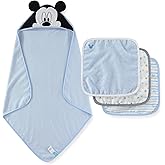 Disney Baby Boys Mickey Mouse Hooded Bath Towel with 3 Washcloths Set for Newborn and Infants