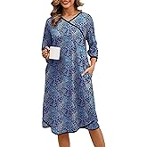 Namatime Nightgowns for Women Cotton House Dress 3/4 Sleeves Night Gowns Mumu Sleep Shirt Floral Print Sleepwear with Pockets