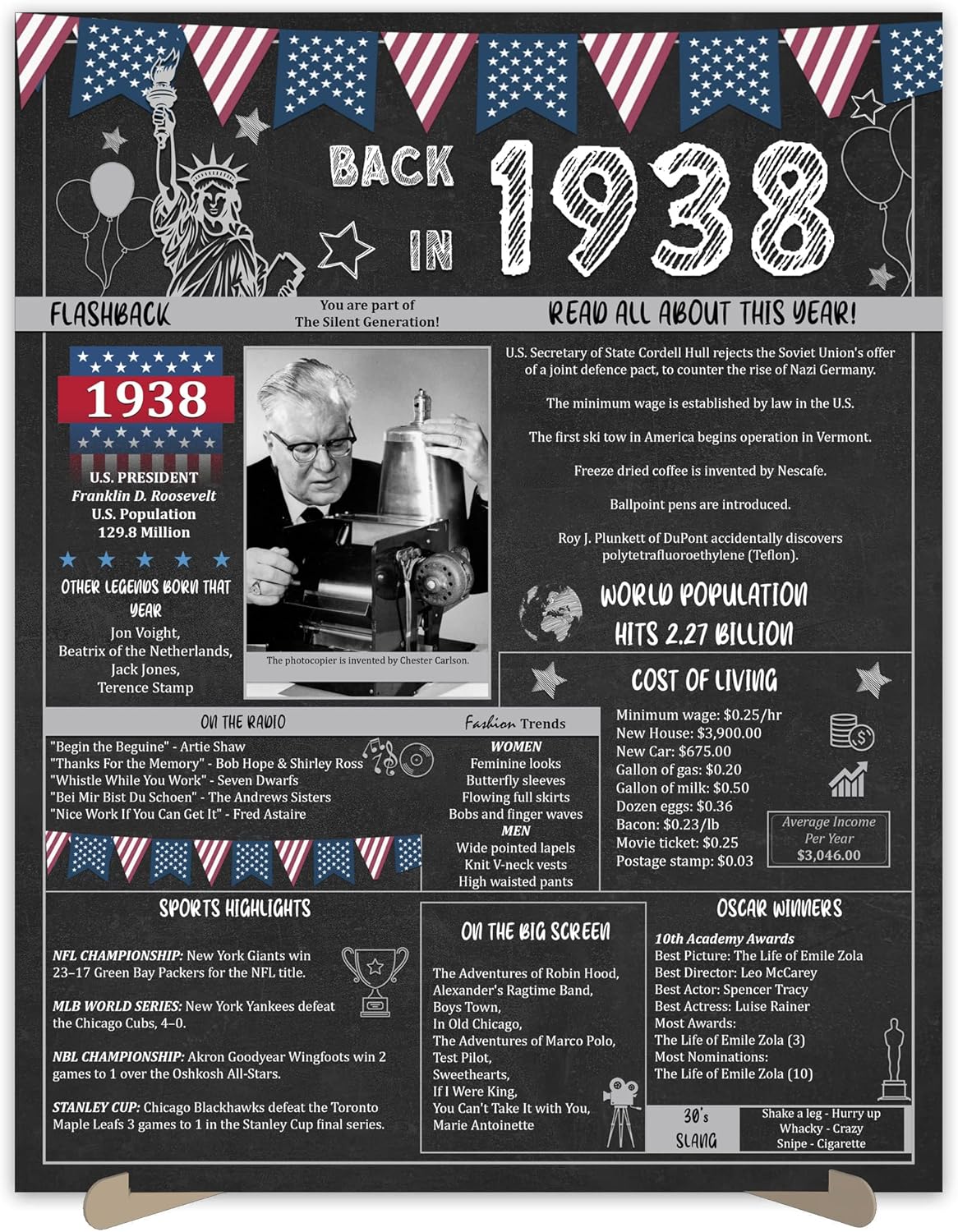 Wall Décor - 85th Birthday Party Gifts - 85 Years Old Anniversary Poster for Men or Women. Back In 1938 Party Supplies. Birthday or Wedding Gift Ideas for Home Wall Decorations. Born 85 Years ago Card 11x14 In