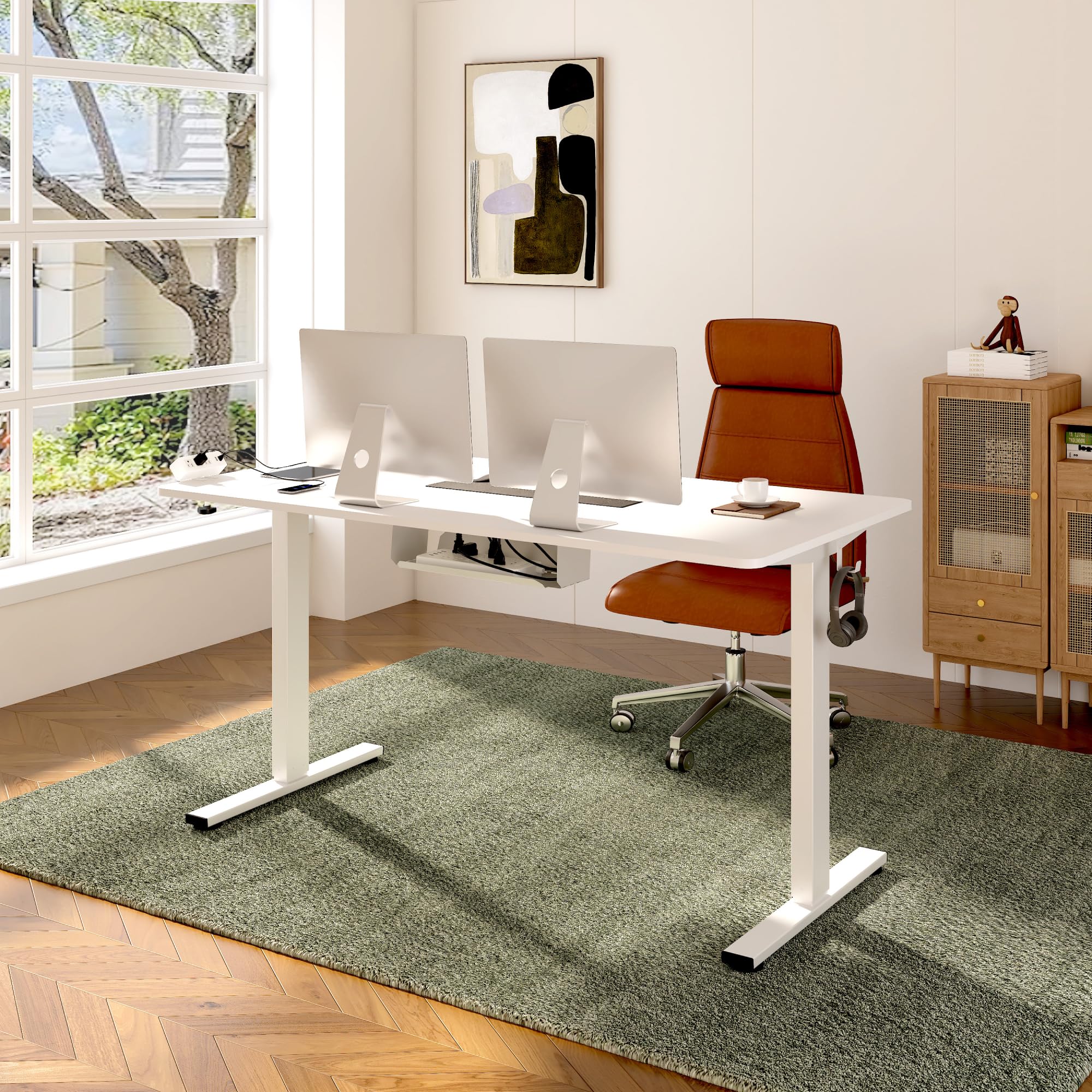 FLEXISPOT EN2 Whole-Piece Standing Desk with Clamp Power Strip, 55 x 28 Electric Stand Up Height Adjustable Desk with Cable Management (White Frame + 55