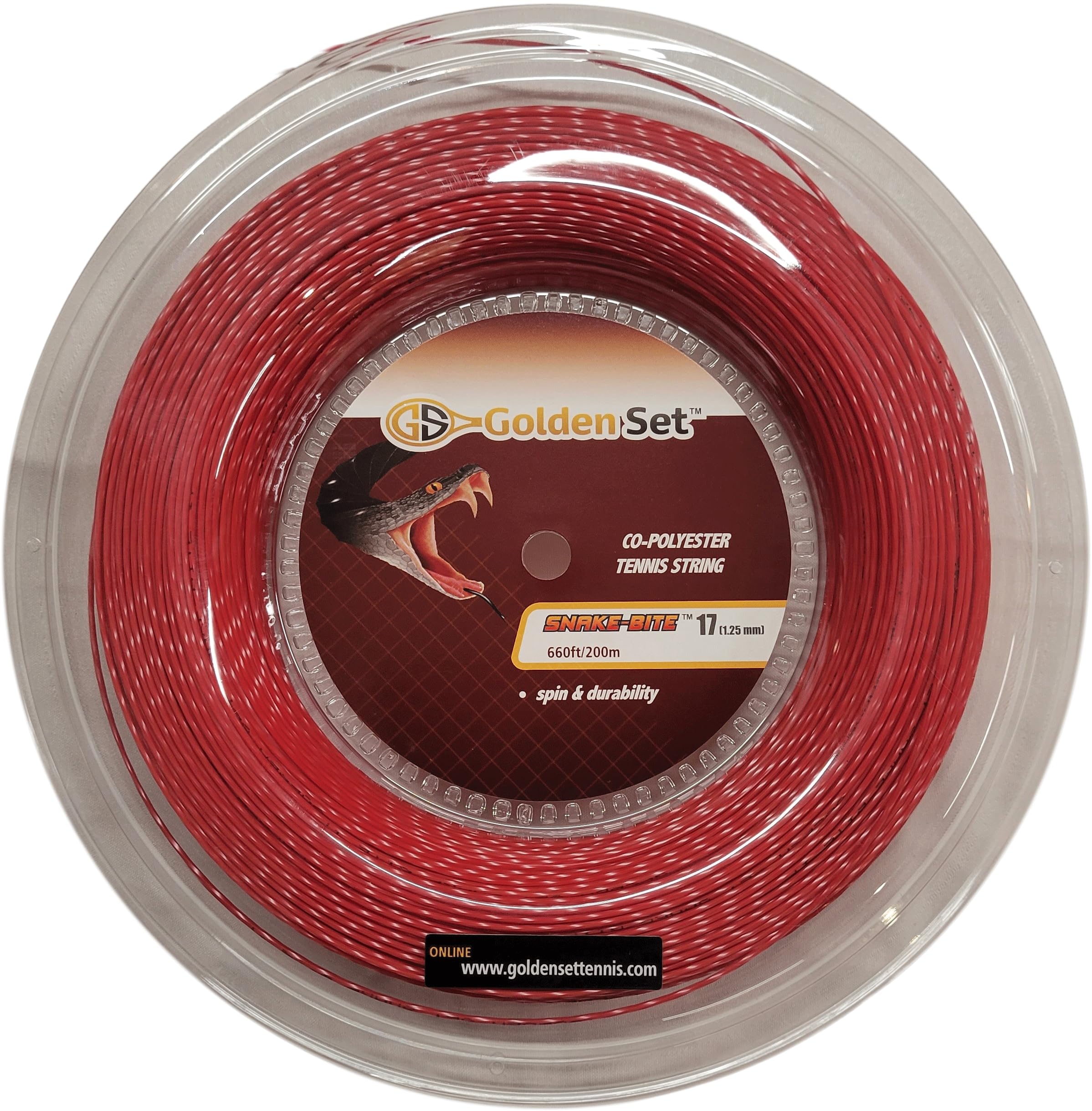Golden Set Snake-Bite Polyester Tennis String (Red, 17 Gauge Reel (660ft/200mm)