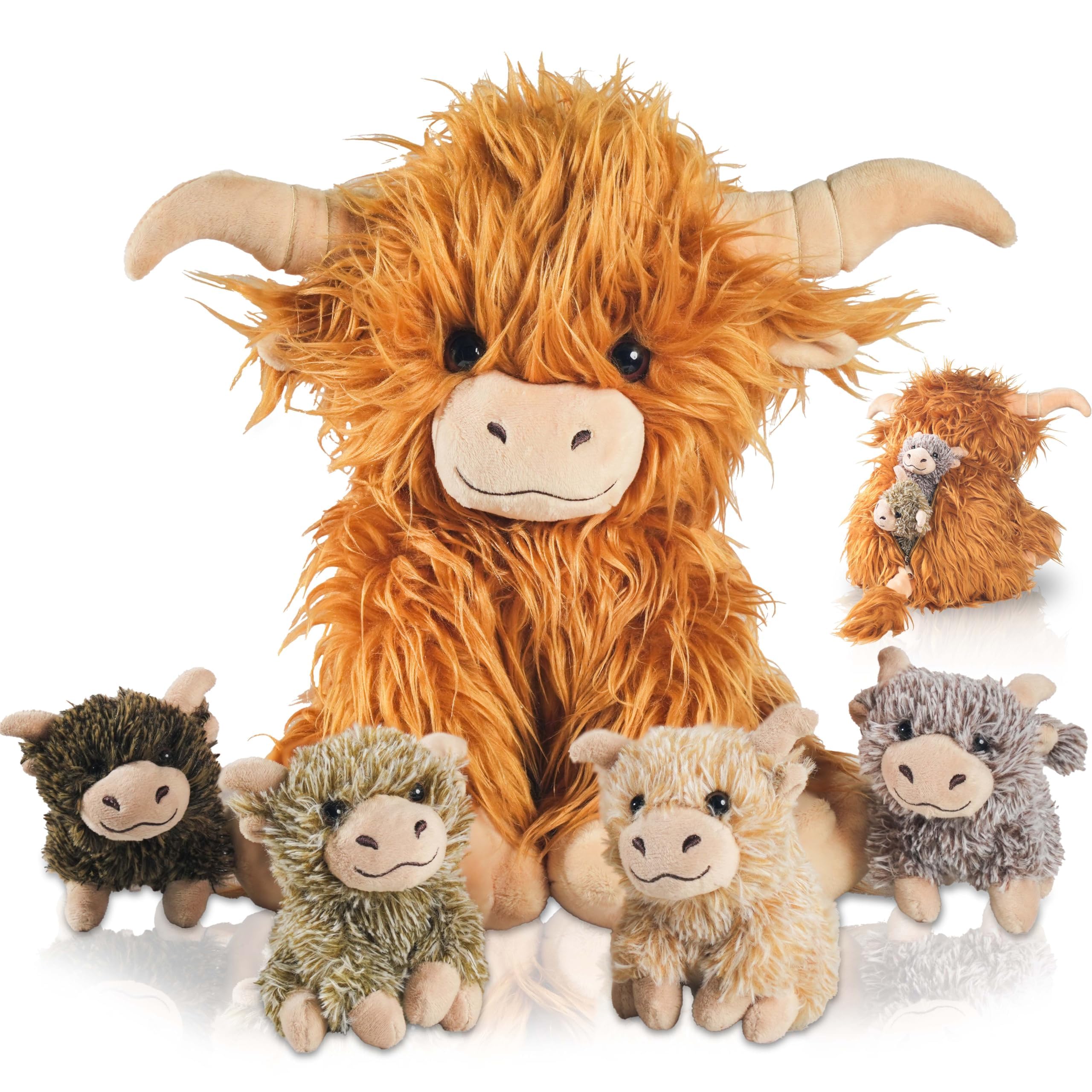 Photo 1 of 5 Pcs Highland Cow Stuffed Animal, 14" Fluffy Stuffed Highland Cow Plush Toys with Babies Inside Mommy Scottish Highland Cows with 4 Baby Calves for Kids Easter Christmas Birthday Surprise Gift