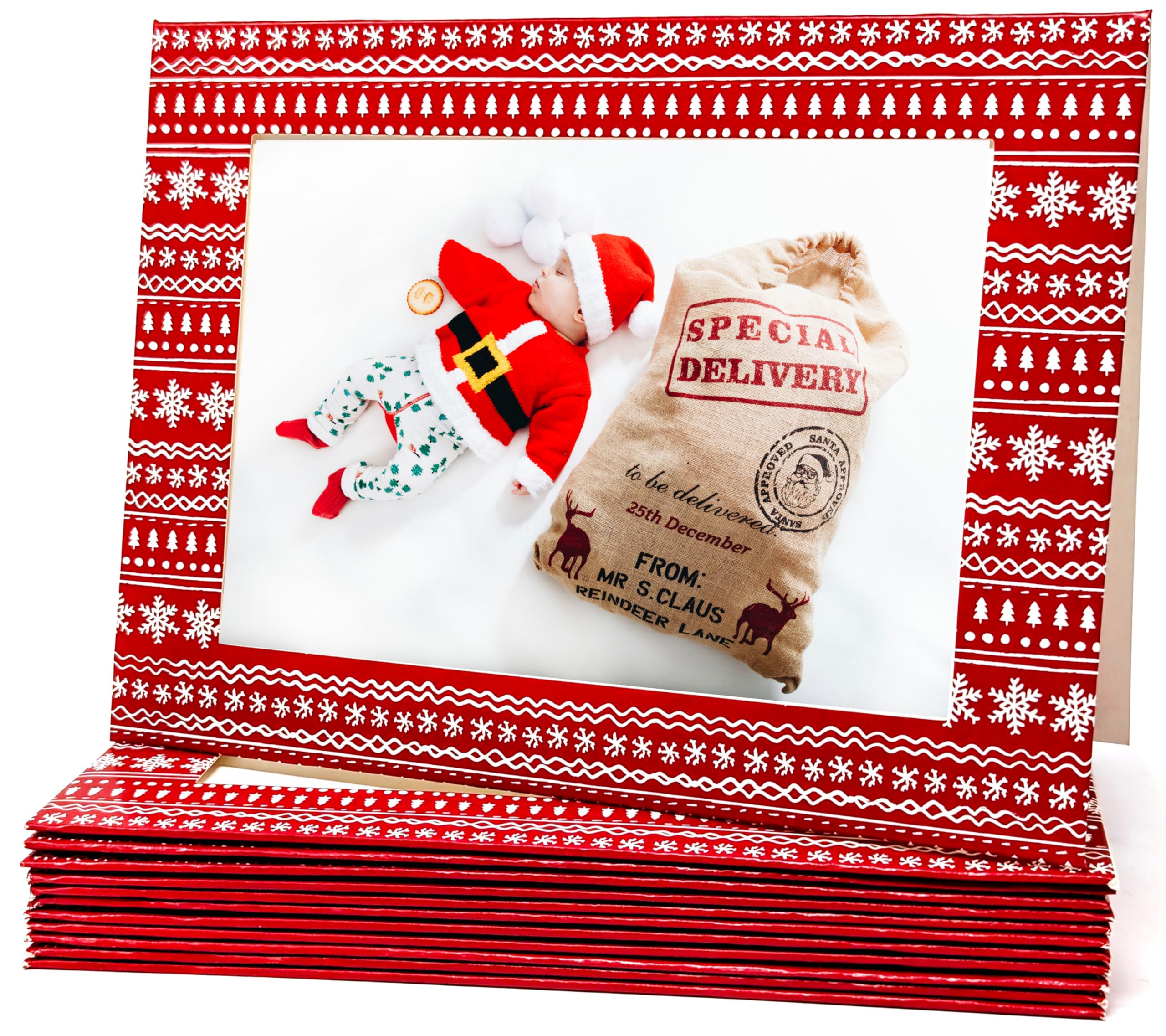 12 Red Scandi Photo Frame Christmas Cards – Holds 6x4 Photo – Personalised Festive Greeting Cards with Envelopes – Blank Inside – Xmas Cards for Family & Friends