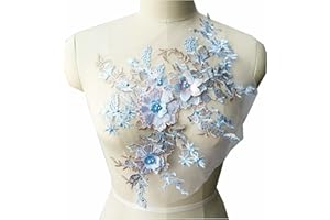 JINMOMOMO Purple Red Blue Lace Fabric 3D Flower Beads Rhinestone Embroidered Patches Wedding Gown Appliques Mesh Sew Patch for Dress DIY Decor 2pcs/1pair (Blue)