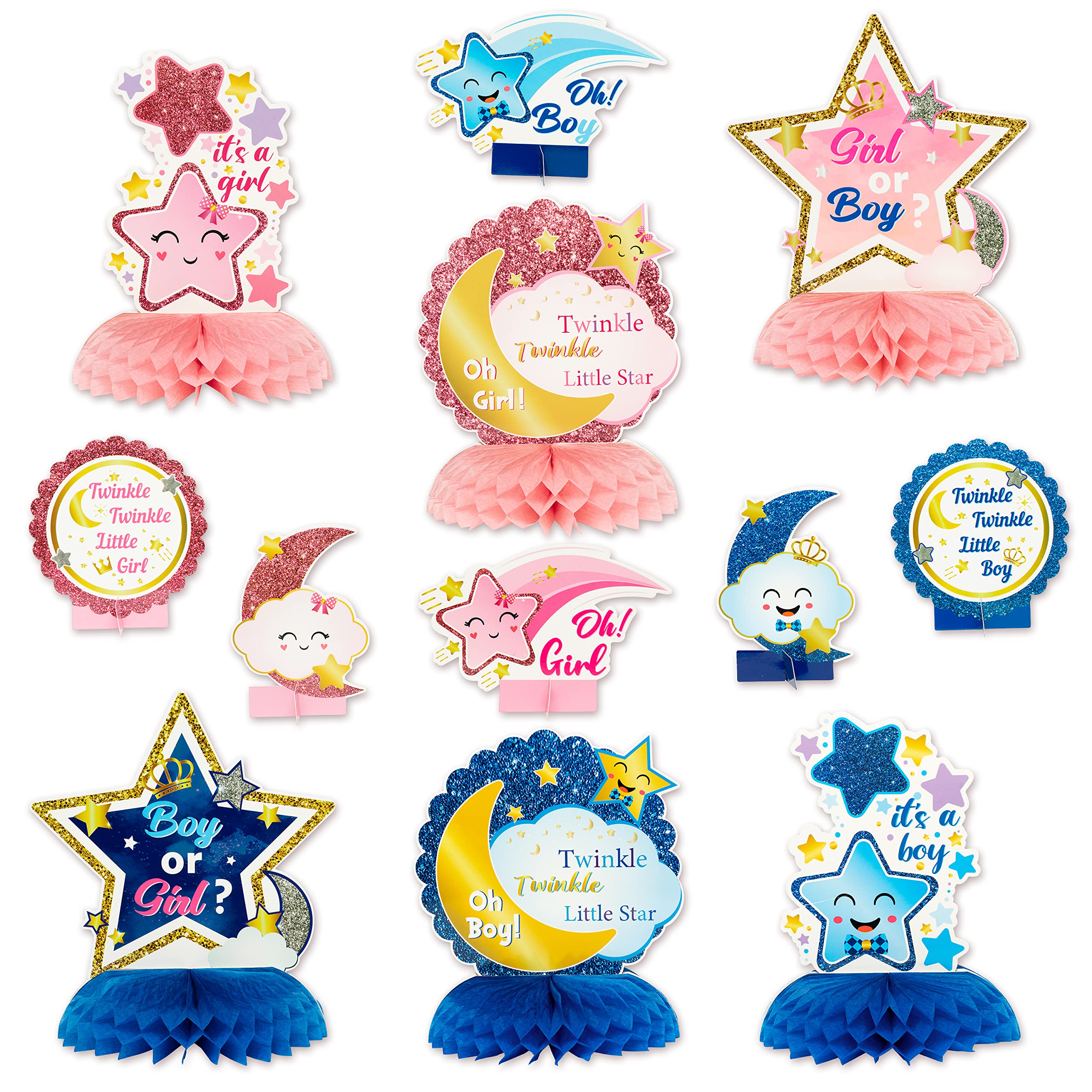 Haooryx 12Pcs Twinkle Twinkle Little Star Baby Gender Reveal Honeycomb Centerpieces, Pink Blue Baby Shower Boy or Girl Gender Reveal Party He or She Table Topper for Party Decoration Supplies