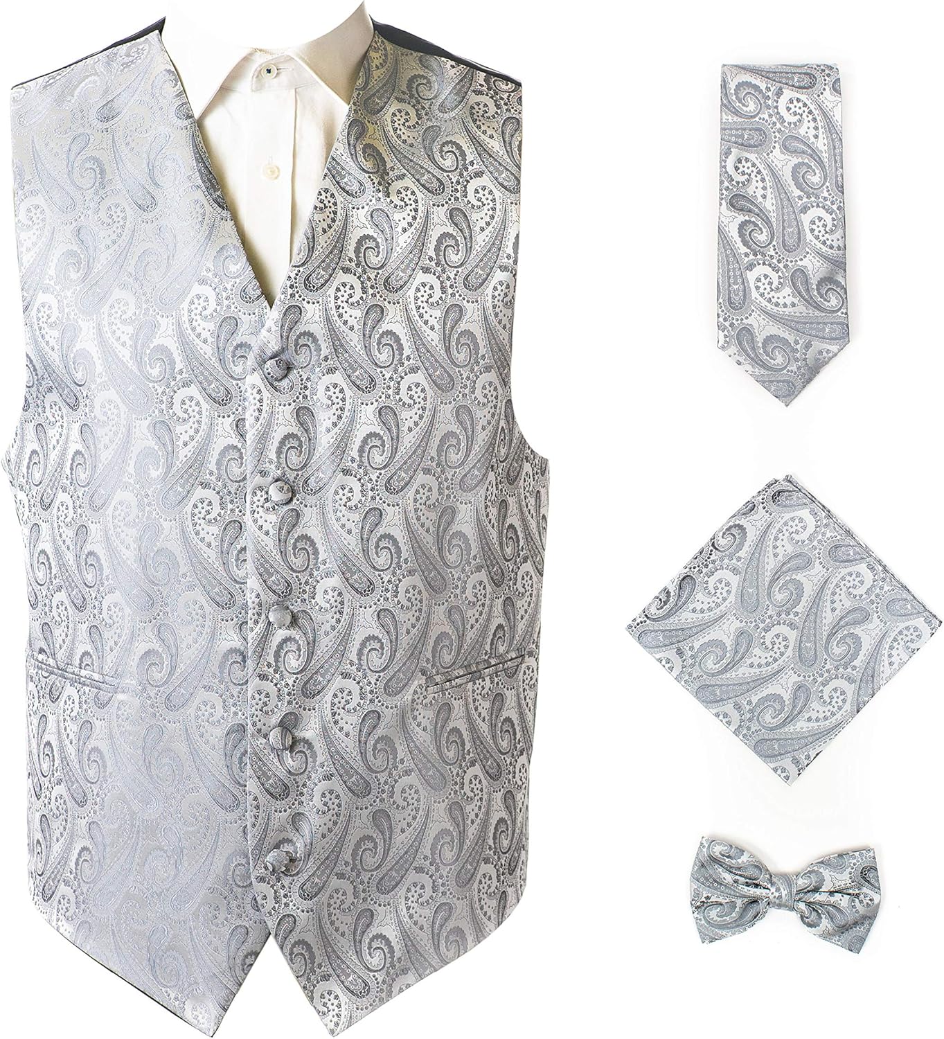 Men's 4pc Paisley Design Formal Tuxedo Dress Vest Necktie Bowtie Handkerchief Set at  Men’s Clothing store