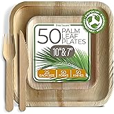 Compostable Square Palm Leaf Plates 10 Inch & 7 Inch (25 Each) with 50 Forks & 50 Knives – Like Bamboo Plates, Disposable Party Plates, Biodegradable, Eco-Friendly, Microwave & Oven Safe