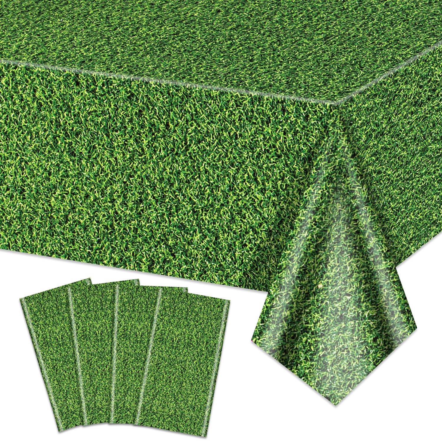 Hegbolke 4Pcs Green Grass Tablecloths, 220x130cm Rectangular Grass Field Table Covers for Jungle Woodland Golf Soccer Football Event Sports Party Supplies
