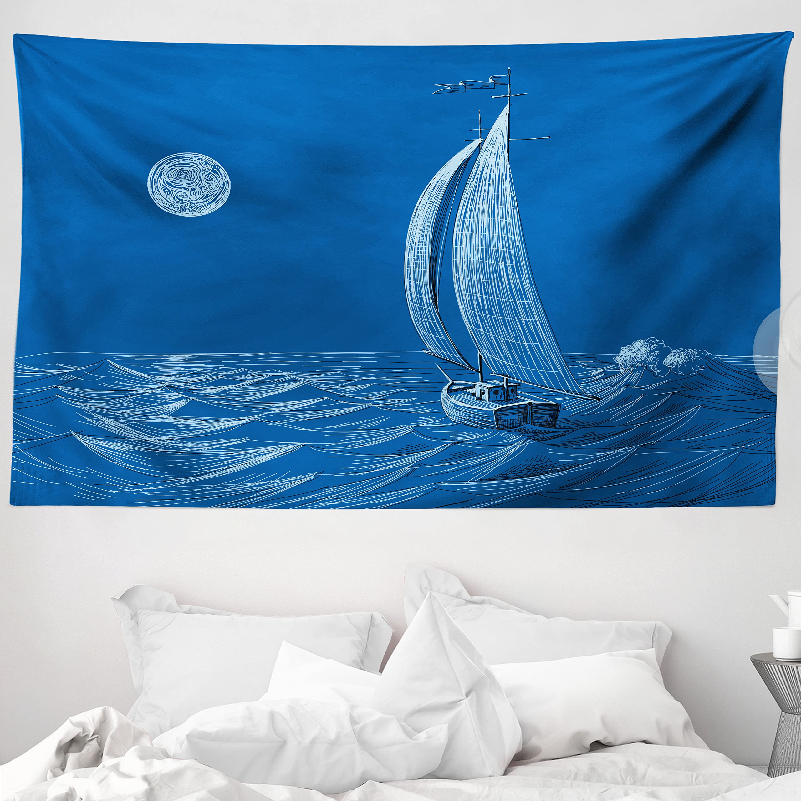 ABAKUHAUS Vintage Boat Tapestry, Ship Sailing to the Ocean Moonlight Wavy Misty Night Ocean Scenery, Fabric Wall Hanging Decor for Bedroom Living Room Dorm, 90 W X 54 L, Cobalt