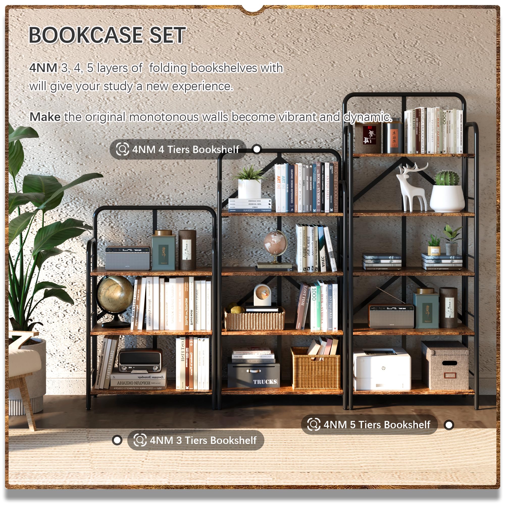 Costway 3-Tier Folding Bookshelf Foldable Metal Storage Shelf Portable Display Rack Grey - View #9