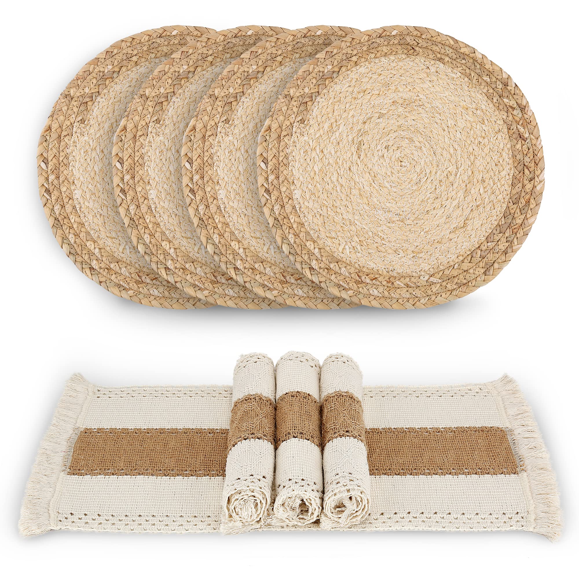 Zology Hand Made Boho Placemats, Set of 4, Natural Cotton, Burlap and Water Straw, Woven Combination Placemats, Macrame Decor and Farmhouse Style, for Dining Table, Kitchen