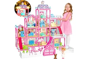 OCTERIC Doll House for Girls,13 Rooms Dollhouse with 2Dolls Figure, Lights, Puppies,Furnitures, Accessories, Toddler Playhouse Gift for for 3 4 5 6 7 8 9 10 Year Old Girls Toys (Pink)