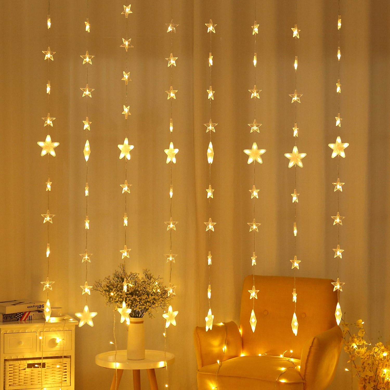 AmaHome Christmas Window Star Lights 144 LED 80 Starry Curtain Lights
