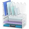 DALTACK Paper Desk Organizer, 3-Tier Letter Tray with 5 Vertical File Holders, Multifunction Desk Organizer, Desktop File Folder Organizer, Desk Organizers and Accessories for Home Office, White