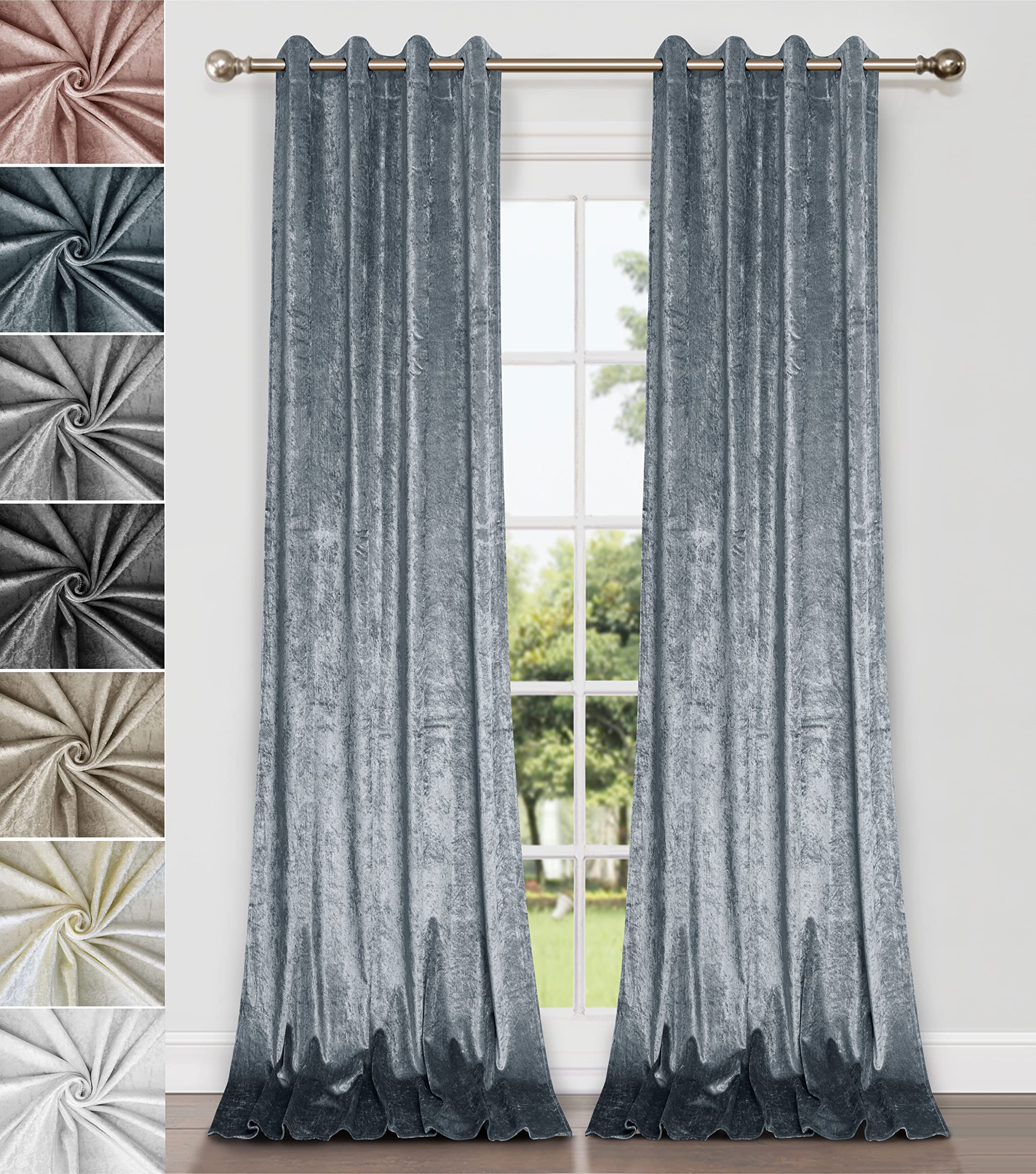 Home Direct Pair of Crushed Velvet Curtains, Eyelet Ring Top, Unlined, Blue Grey, 2 panels, 140cm x 175cm 55" x 68"