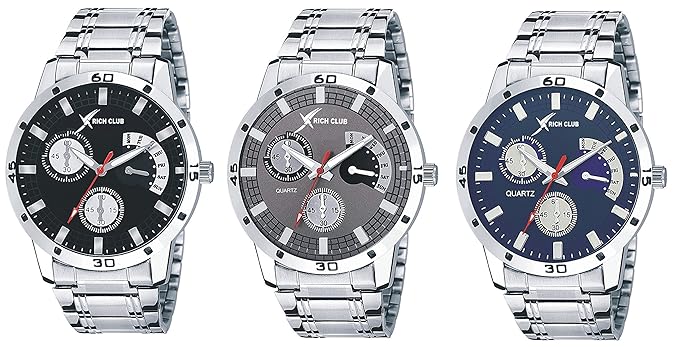 Rich Club Quartz Movement Metallic Analogue Black, Blue and Grey Dial Mens Watch - 27-BLK/GRY/BLU(Pack of 3)