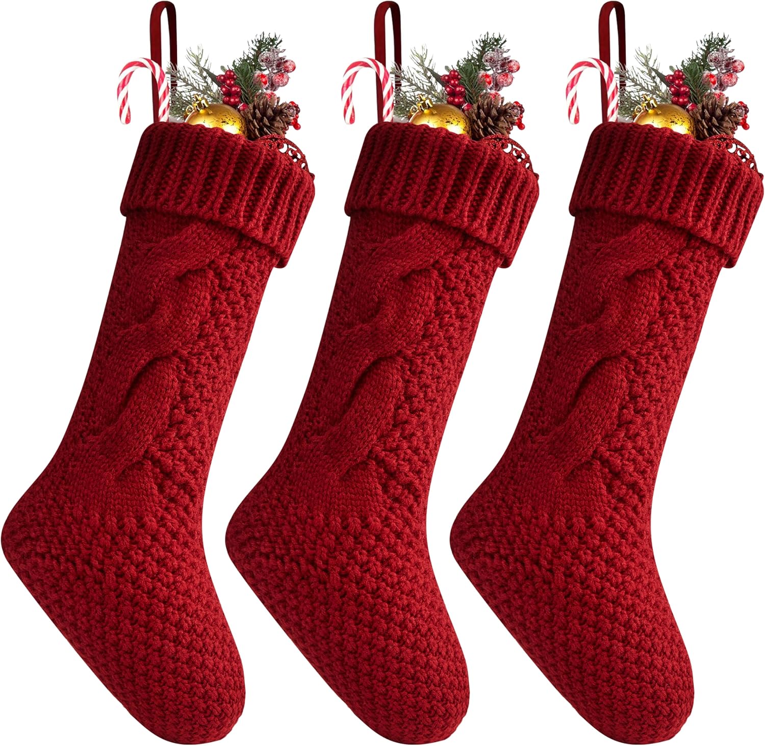 Stockings & Holders - Fesciory Christmas Stockings 3 Pack, 18 Inches Large Size Twist Knitted Stockings Gifts for Xmas Family Holiday Party Decorations, Burgundy