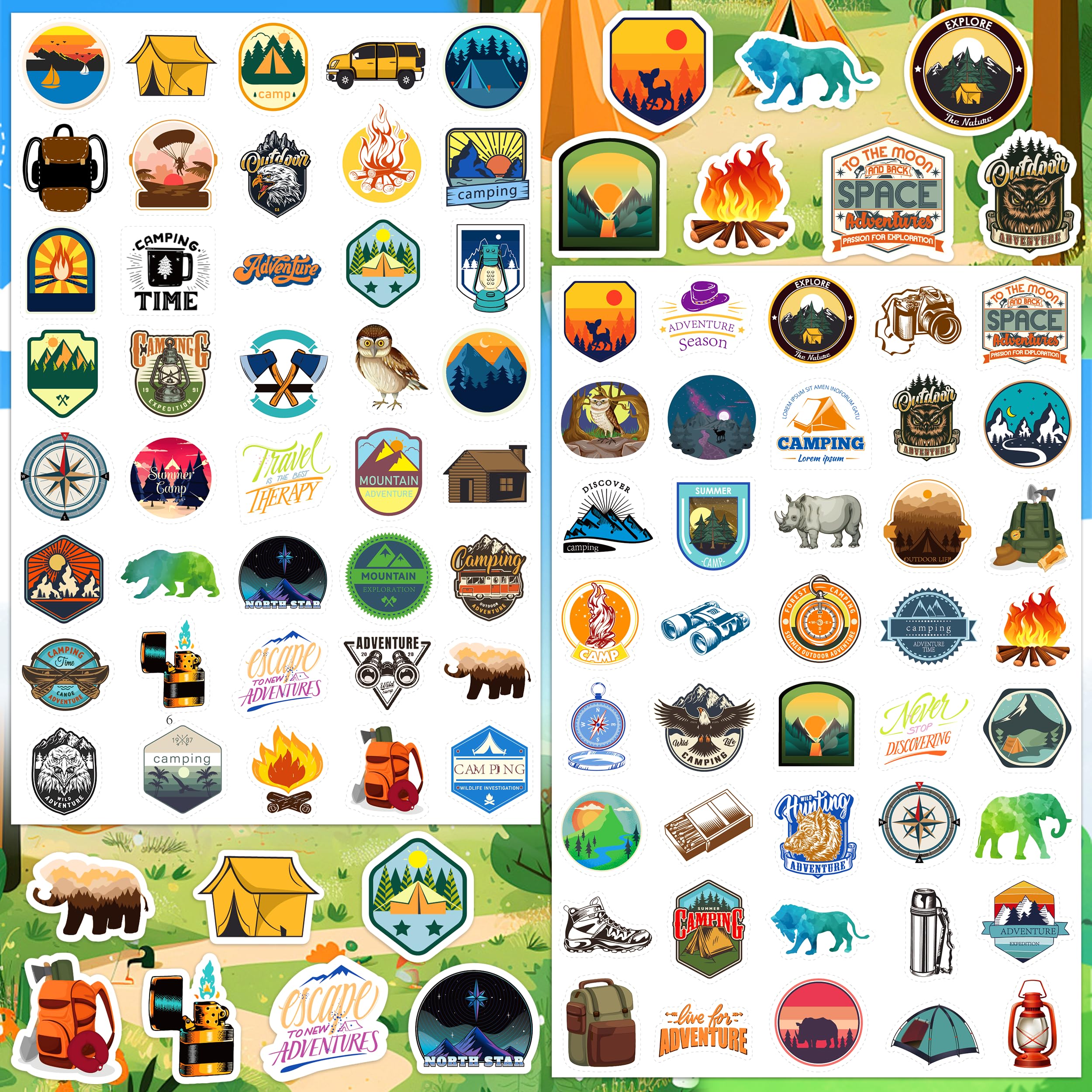LINAYE 24 Sheets Travel Camping Stickers for Adults Kids, 960 PCS Nature Camp Stickers Waterproof Self Adhesive for Travel Bags Water Bottles, Camping Party Favors Supplies Rewards for Classroom