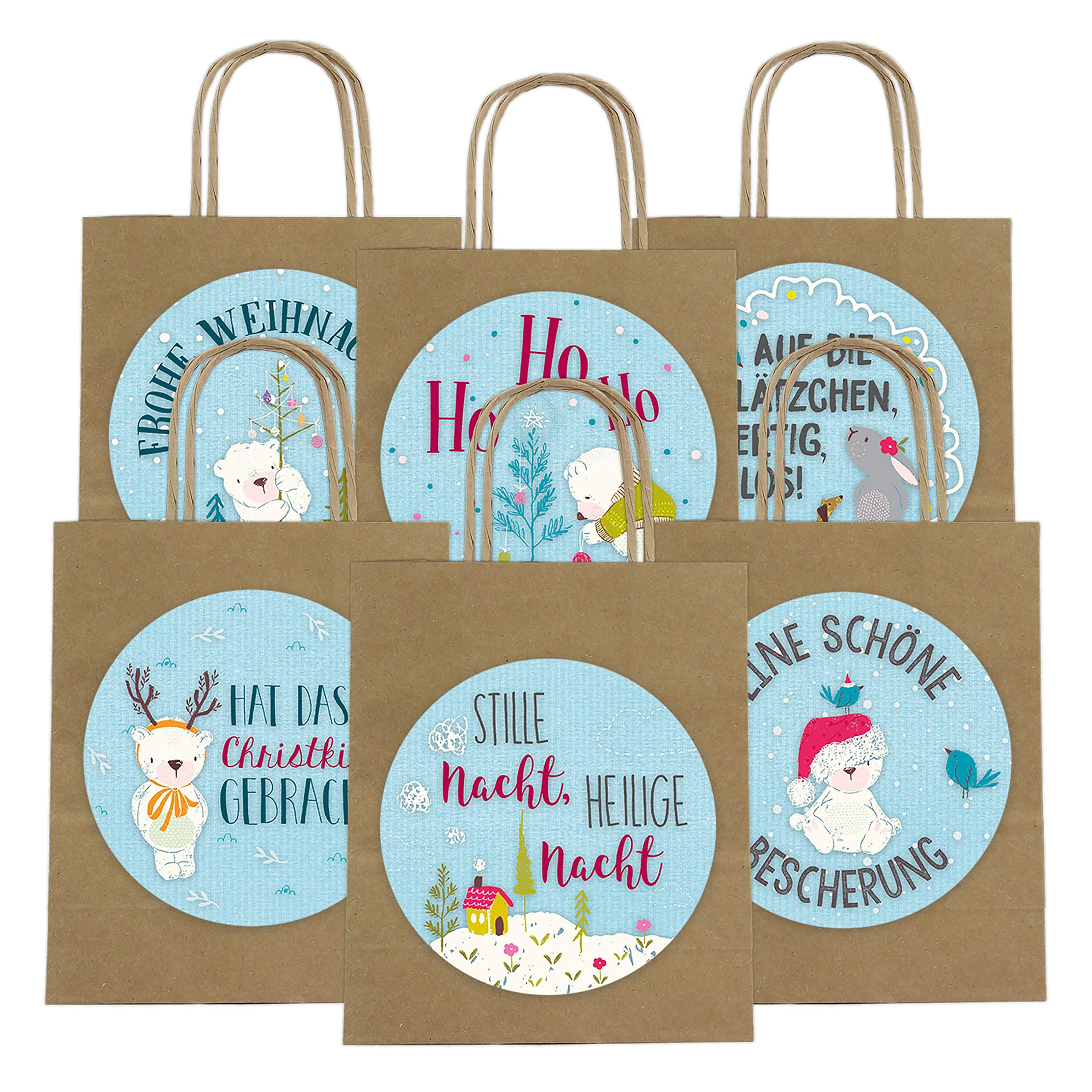 6 gift bags for Christmas, 18 cm x 22.5 cm x 8 cm with XXL stickers, practical Christmas gifts, ideal for giving as a gift, handle bag with animal motif, colourful