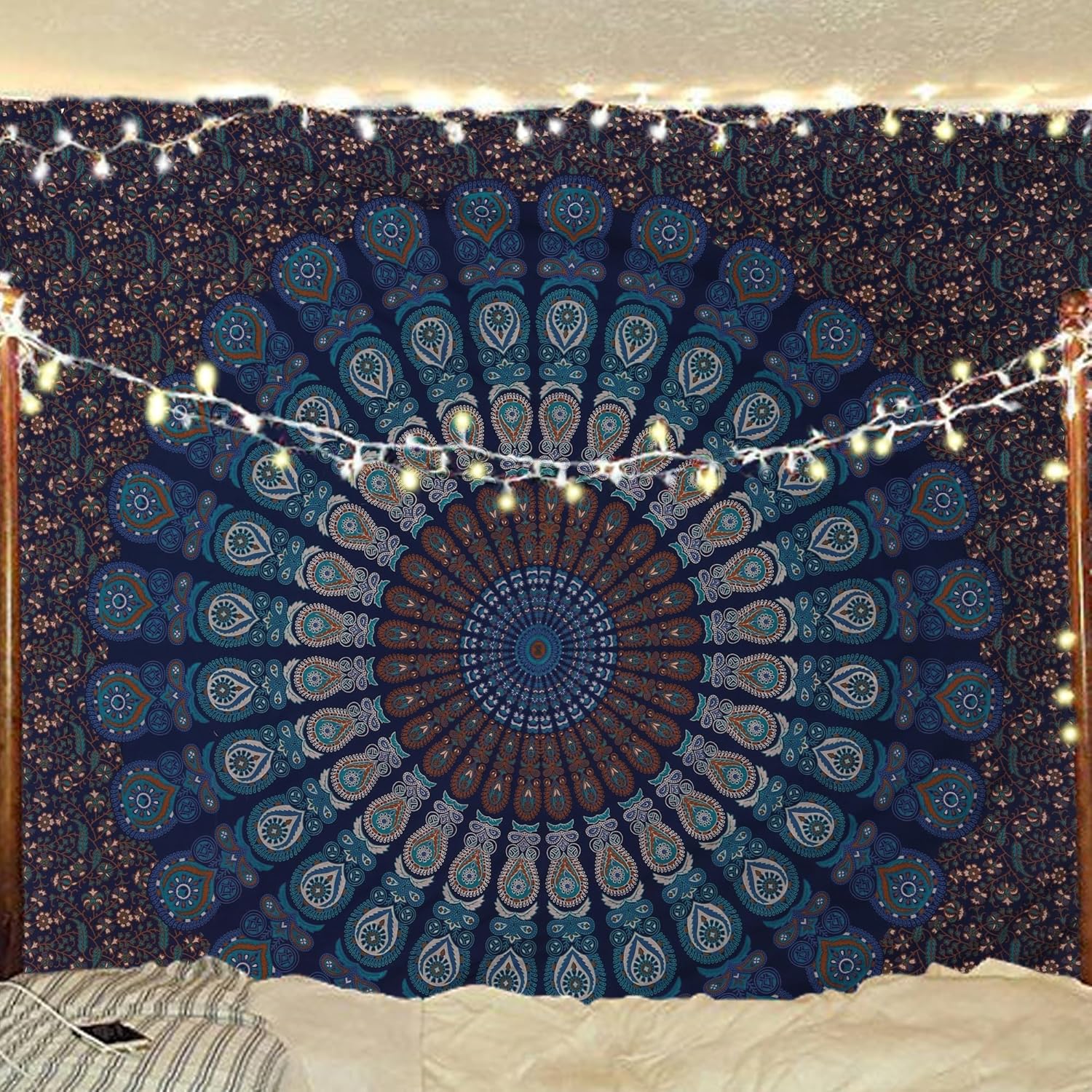 Tapestries - Indian hippie Bohemian Psychedelic Golden Blue Peacock Mandala Wall hanging Bedding Tapestry (Blue Green, Queen (84x90Inches)(215x230Cms))