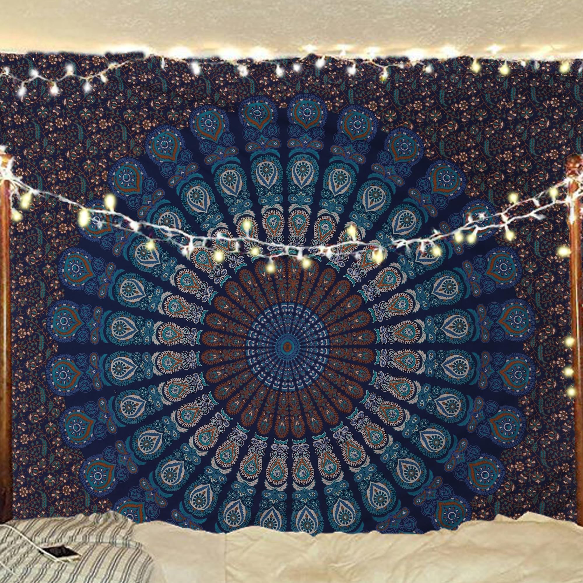 Bless International Indian hippie Bohemian Psychedelic Peacock Mandala Wall hanging Bedding Tapestry (Blue Green, Queen (84x90Inches)(215x230Cms))