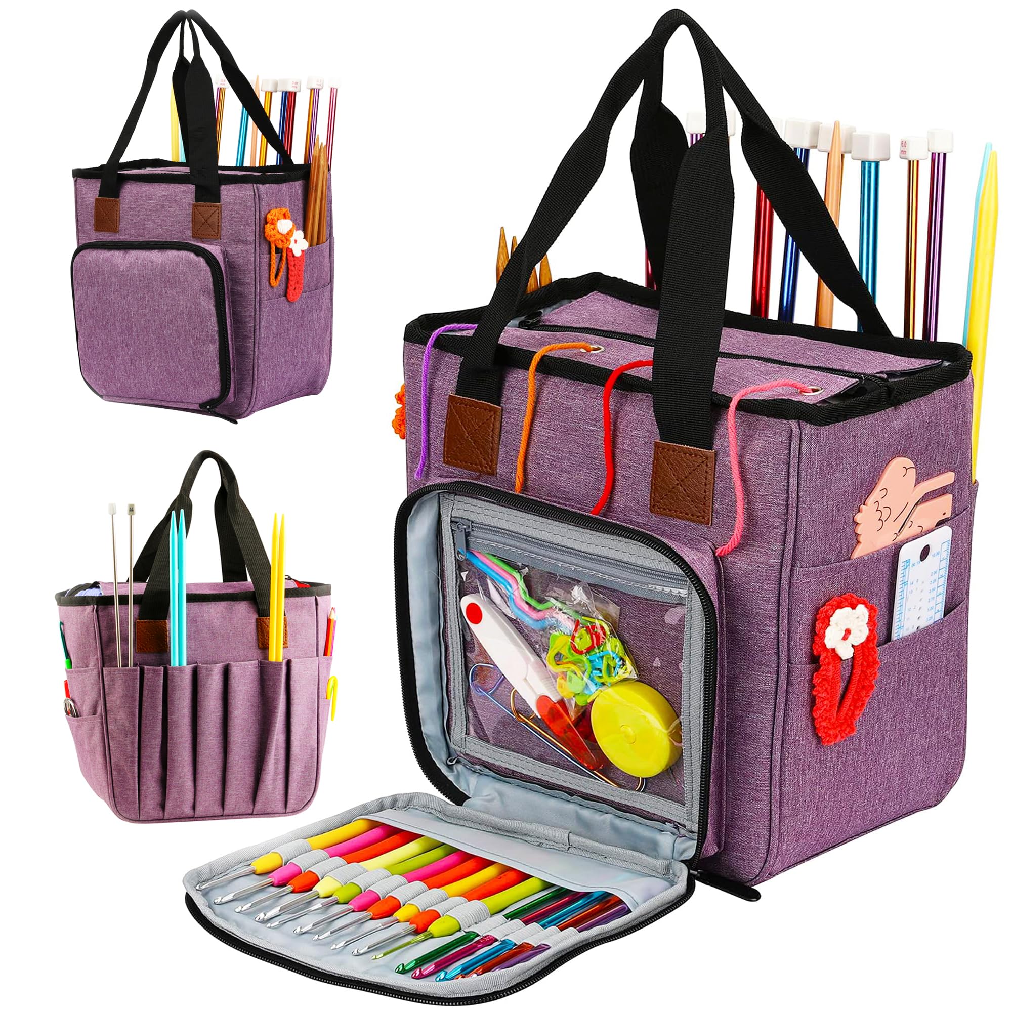 JOZEA Large Knitting Tote Bag, Normal Capacity Knitting Projects Organizer for Yarns, Crochet Hooks, Knitting Needles (Purple)