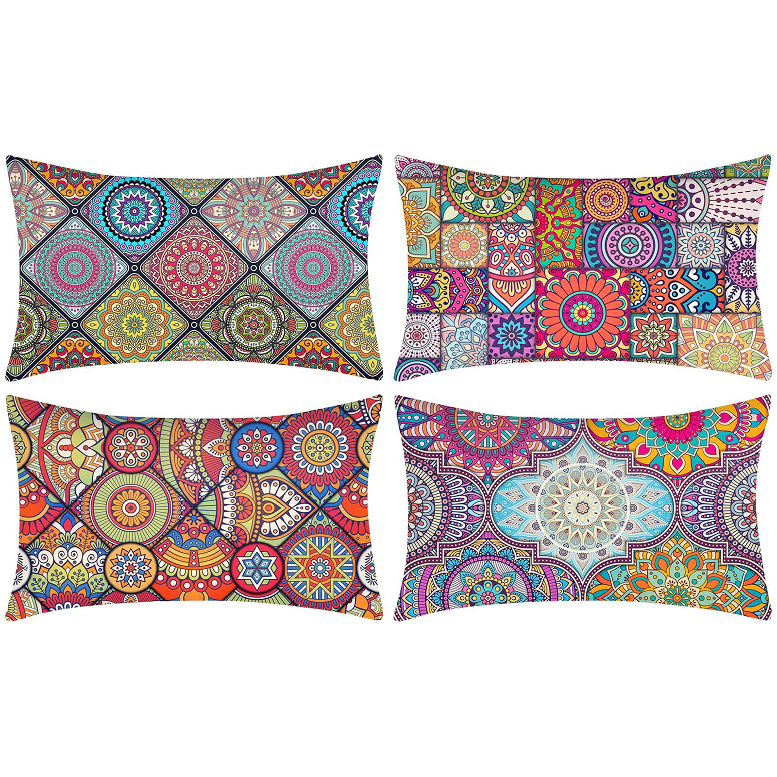 DakTou Pack of 4 Cotton Linen Decorative Cushion Covers Mandala Boho Ethnic Rectangle Pillowcases for Livingroom Sofa Bedroom with Invisible Zipper 30cm x 50cm 12x20 Inch