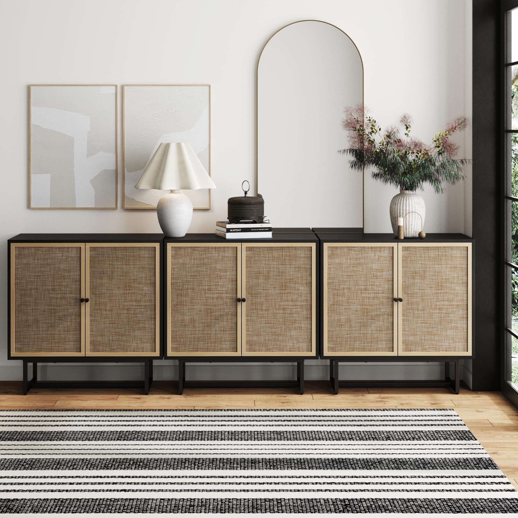 Photo 1 of Nathan James Kova Rattan Wood Accent Sideboard Storage Cabinet TV Stand with Matte Metal Frame, Adjustable Shelves and Cane Doors, for Hallway, Entryway or Living Room, Black Oak/Cane, Set of 3