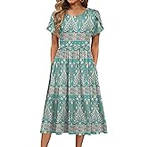 HOTOUCH Women's Summer A-Line Midi Dresses 2026 Casual Floral Short Sleeve T-Shirt Dress Flowy Beach Sundress with Pockets