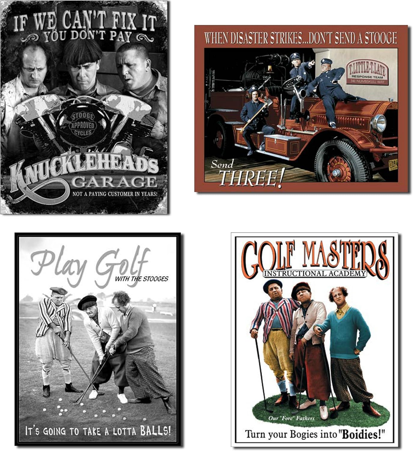Bundle Three Stooges Tin Sign Collection - Three Stooges Knuckleheads Garage, Three Stooges Fire Dept, Three Stooges Lotta Balls and Three Stooges Golf Masters