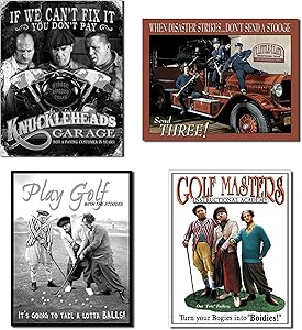 Bundle Three Stooges Tin Sign Collection - Three Stooges Knuckleheads Garage, Three Stooges Fire Dept, Three Stooges Lotta Balls and Three Stooges Golf Masters