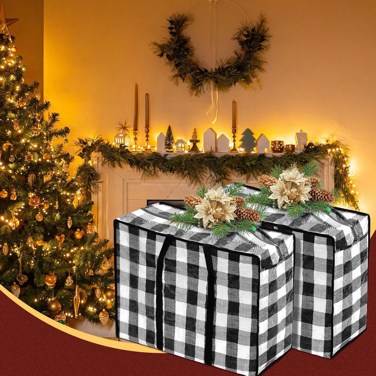 Holiday Décor Storage - 2 Pcs Extra Large Christmas tree Storage Bags 27 x 20 Inch Oversized Christmas Tree Storage Bag Xmas Heavy Duty Containers for Xmas Trees Ornaments Baubles Decorations (Black-White, Plaid)