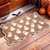 Halloween Door Mat Outdoor Scalloped Ghost Rug Cute Faux Coir Welcome Mat | Non Slip White Ghost Faux Coir Front Door Mat with Rubber Backing, Washable Decorate Mat, for Home Entryway Porch Decor