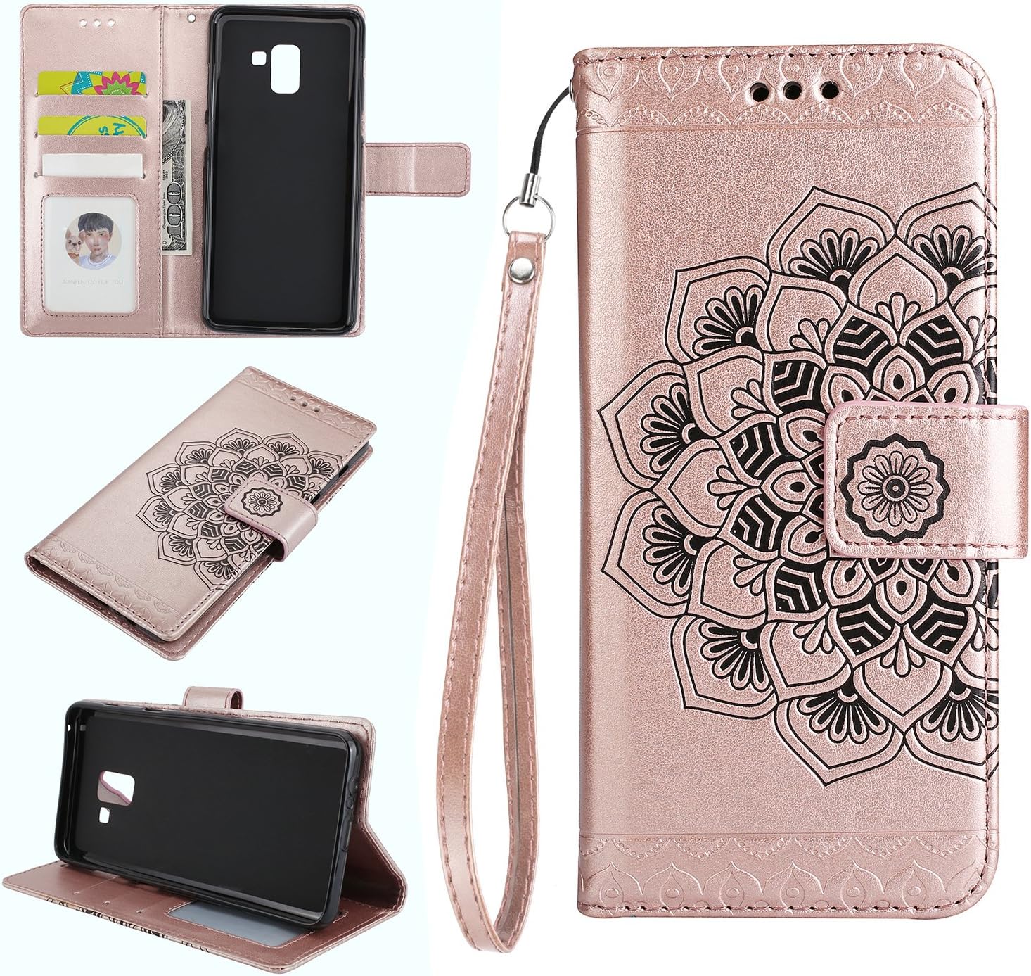 Lomogo Samsung Galaxy A8+ (A8 Plus) 2018/A730 Case [Half Flower], Leather Wallet Case with Kickstand Card Holder Shockproof Flip Case Cover for Samsung Galaxy A8+ (A8Plus) 2018 - LOHHA10413 Rose Gold
