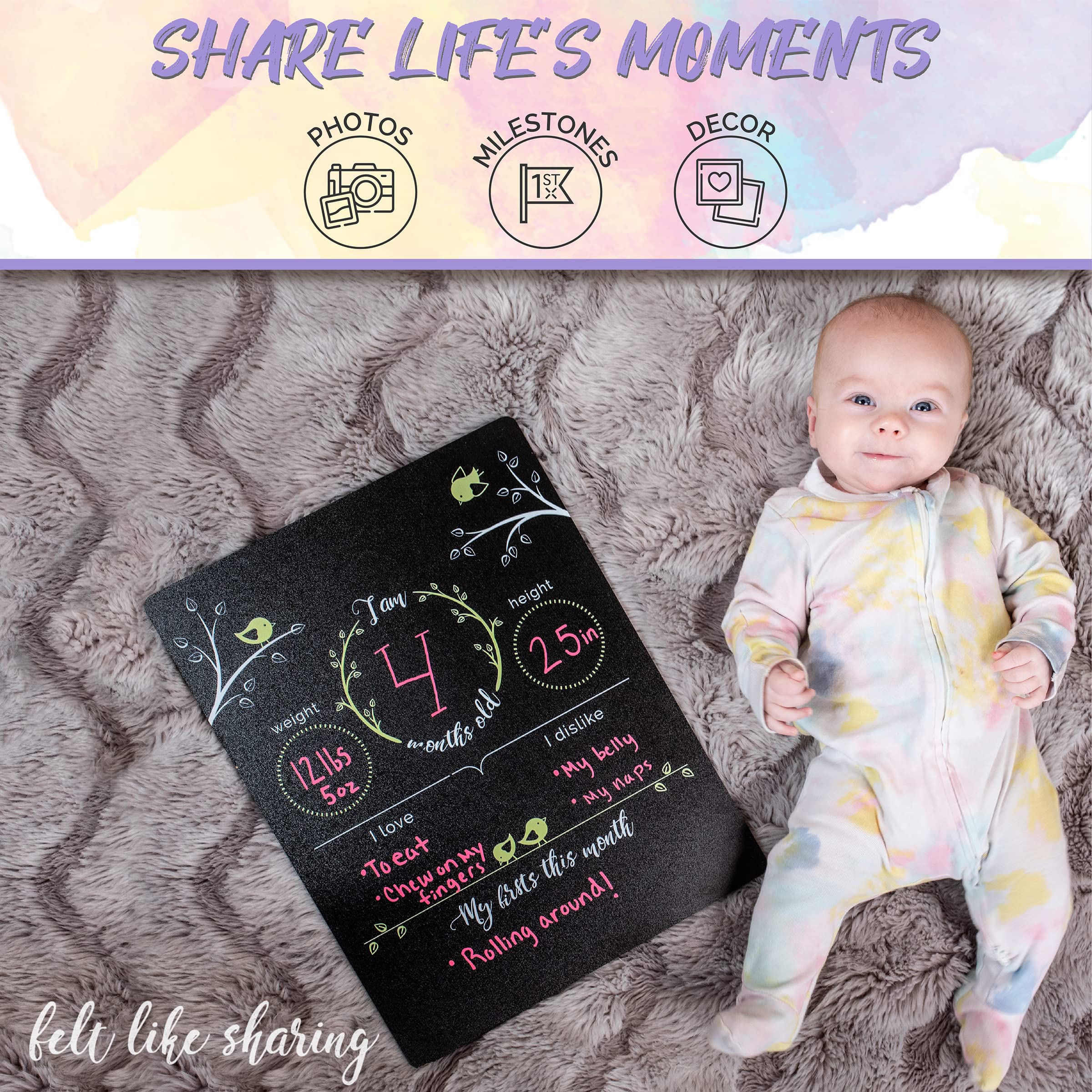 Felt Like Sharing Baby Milestone Chalkboard Sign, Nursery Decor, Baby Message Board – Cute Photo Milestone Board, Baby Growth Chalkboard w/ 3 Chalk Markers