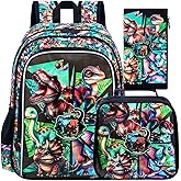 gxtvo 3PCS Kids Dinosaur Backpack, 16" Boys Bookbag with Lunch Box, Water Resistant Elementary Preschool Toddler School Bag