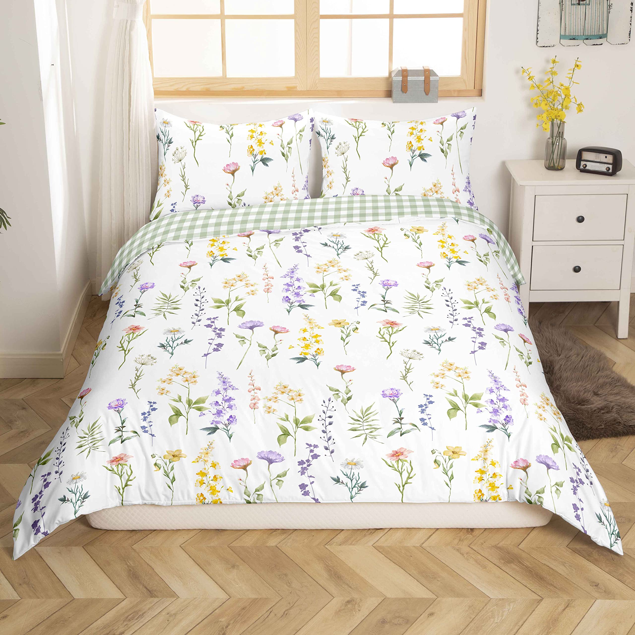 Meadow Stem Floral Bedding Set Reversible Duvet Cover for Boys Girls 2 Pieces Kids Teens White Soft Easy Care Microfiber Comforter Cover with 1 Pillowcase(Single Size), ‎