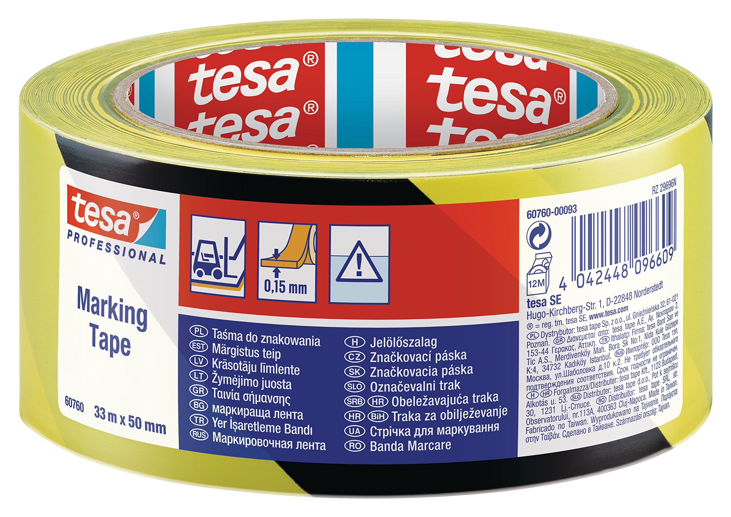 tesa PVC Hazard Warning, Safety Floor and Lane Marking Tape, 33 m x 50 mm - Black and Yellow โ image 1