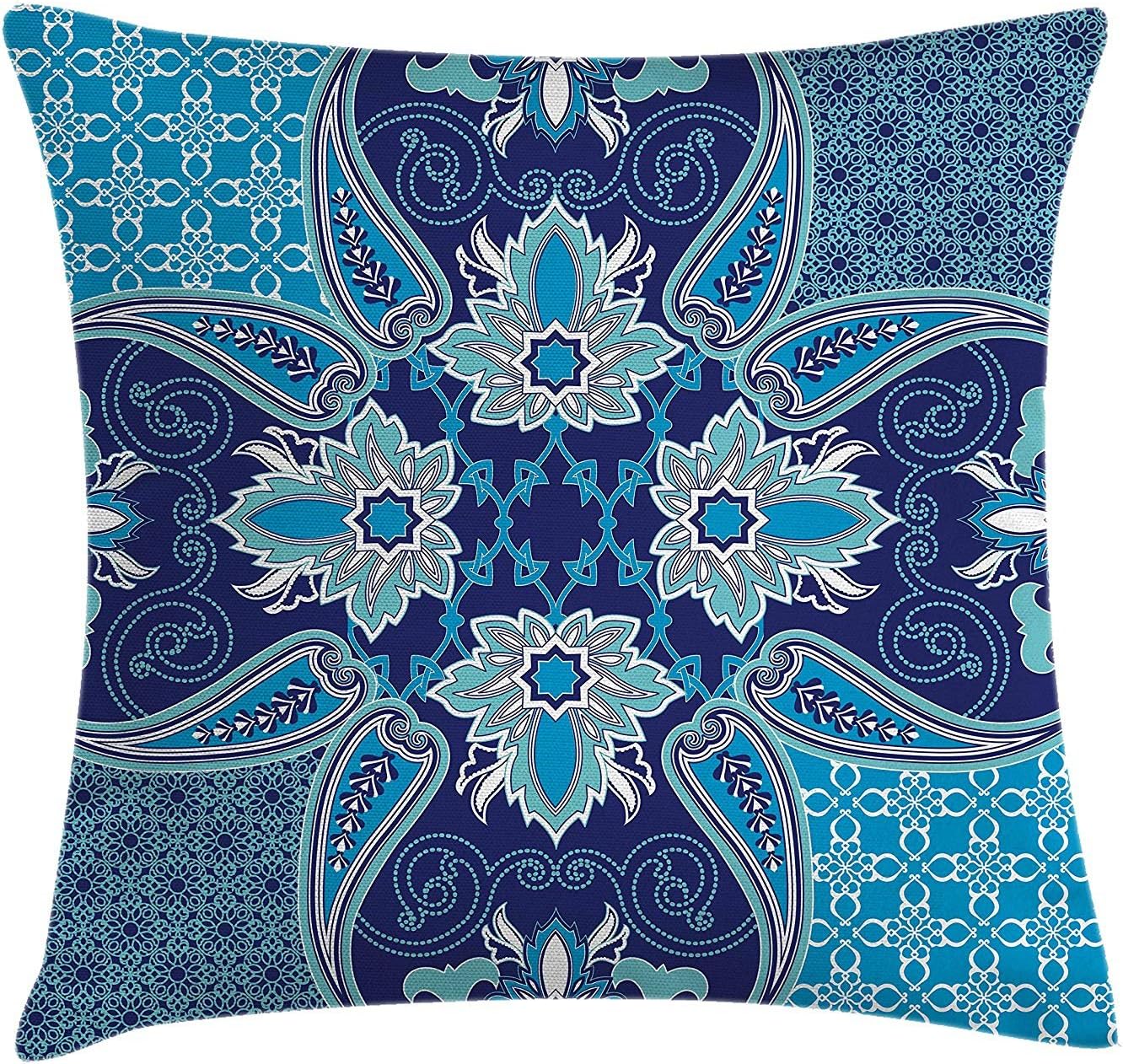 YABABY Navy Throw Pillow Cushion Cover, Middle Eastern Oriental Persian Pattern with Arabesque Moroccan Effects Design, Decorative Square Accent Pillow Case, 18 X 18 Inches, Indigo Sky Blue