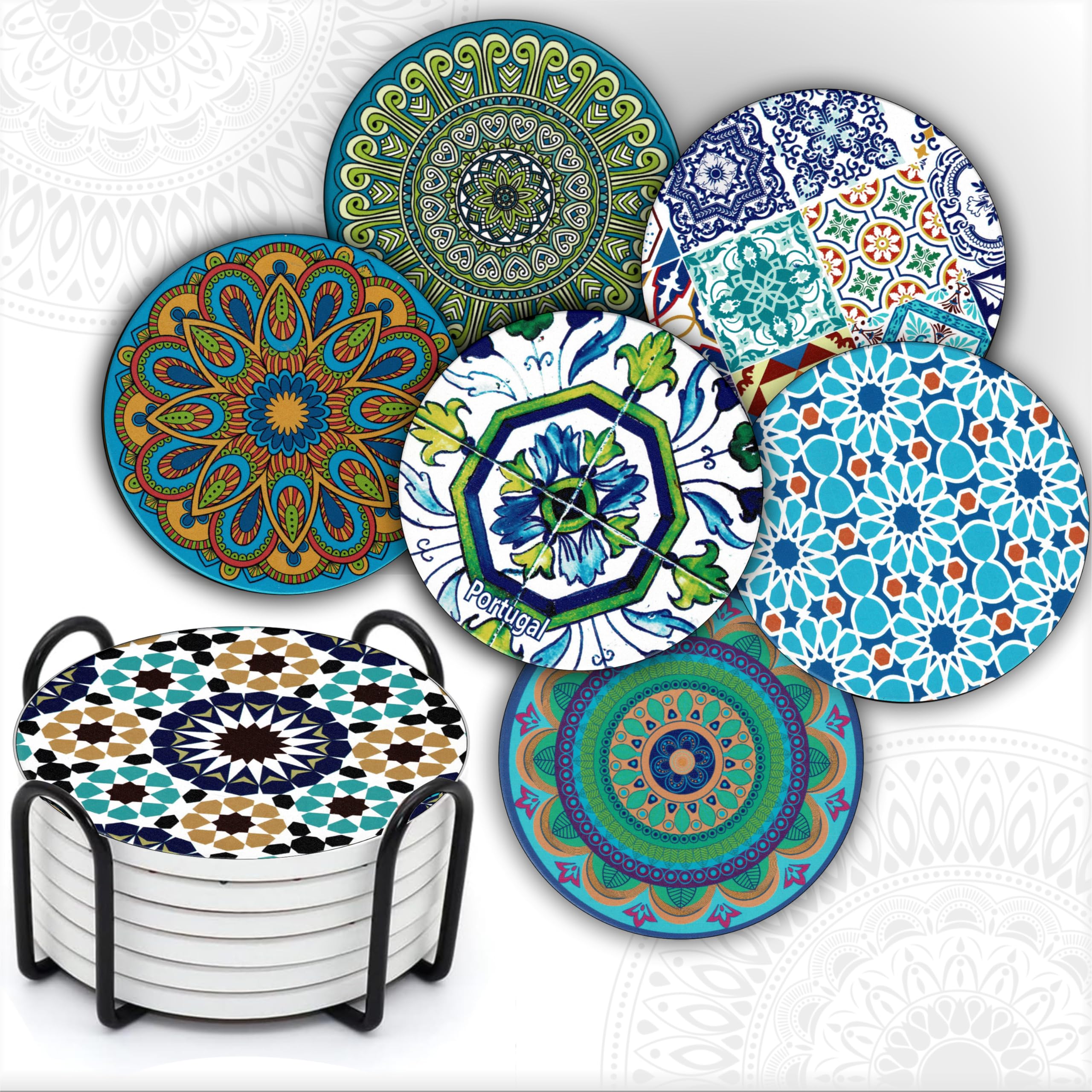 MALANGI Drink Coasters Set of 6 - Ceramic Turkish Coasters - Absorbent Giftable Coaster - Non-Scratch Top & Non-Slip Cork Base (Style 8 with stand)