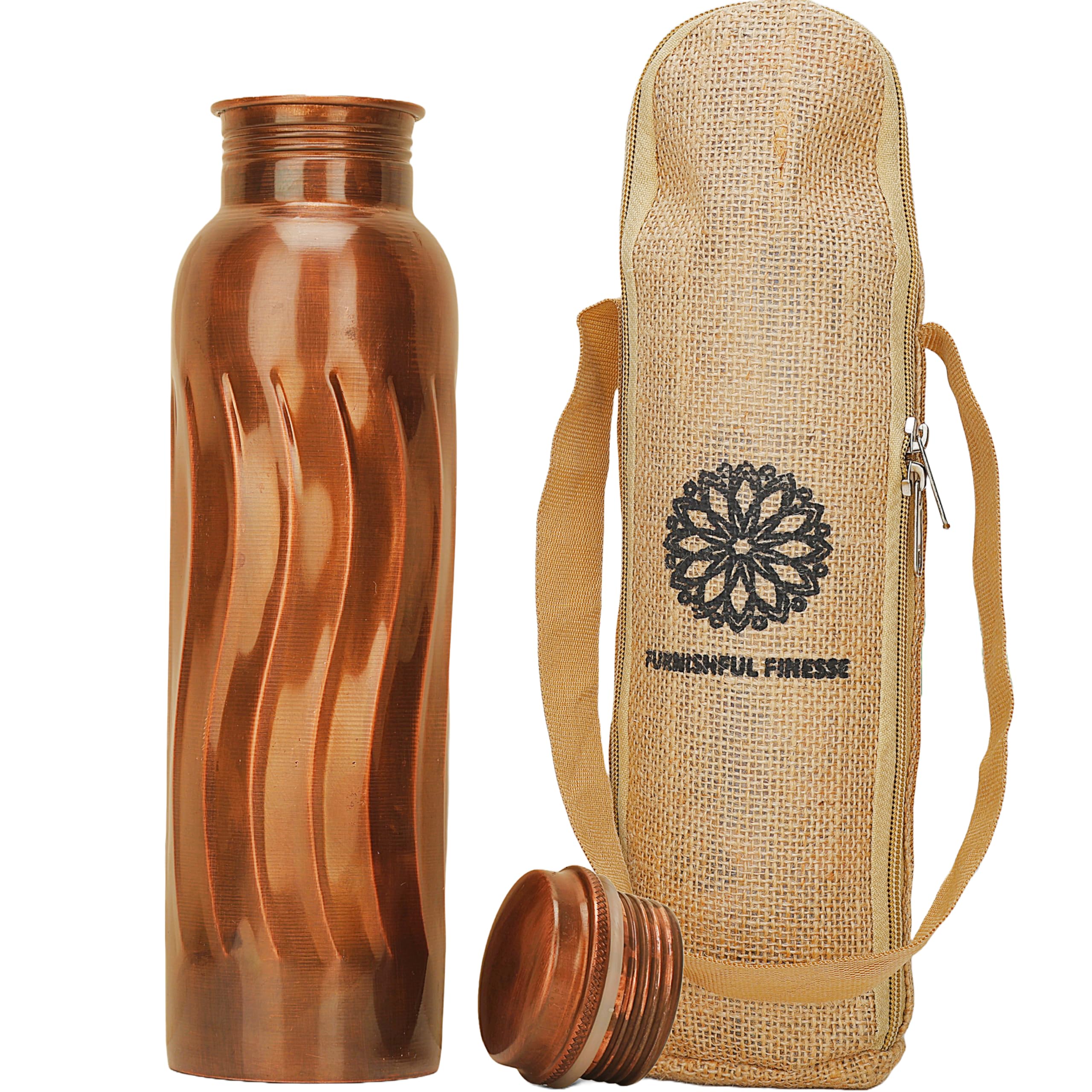 FURNISHFUL FINESSE Pure Copper Bottle 34 Oz Copper Water Bottle with Carry Bag, 1000 ml Aurvedic vessel Leak Proof for Hiking Outdoor Gym Office Sports - Set of 1, Antique Finish