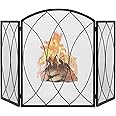 FEED GARDEN 3 Panel Fireplace Screen 48" W x 29.5" H Modern Foldable with Wrought Metal Decorative Mesh,Arch Heavy Duty Fire Spark Guard Cover for Home Decor Indoor, Black