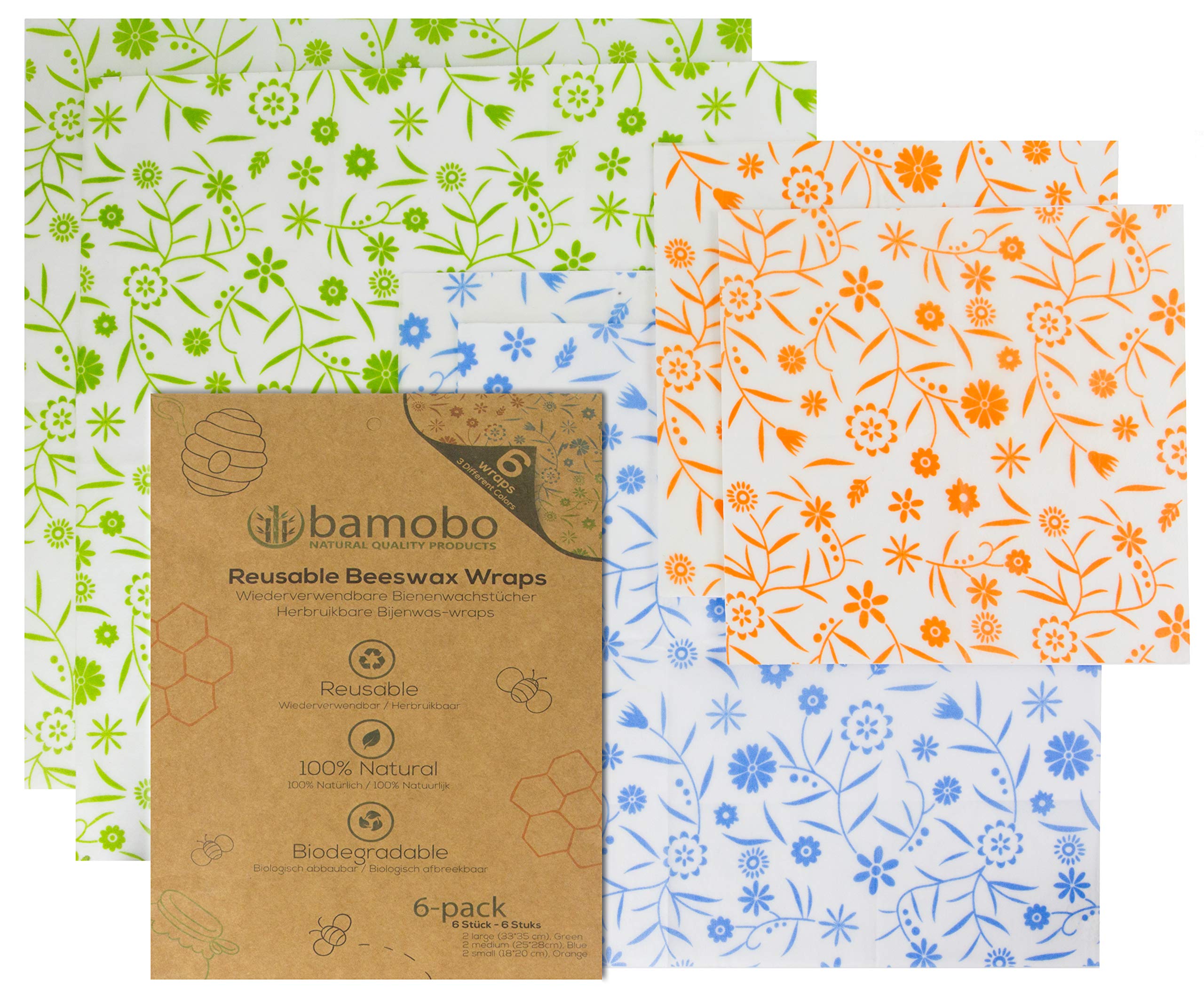 Bamobo [6X] Organic Beeswax Cloths for Food - Organic Bees Wrap Wax Paper - Beeswax Wrap - Cling Film Reusable - Sustainable Plastic Products