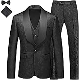 MOGU Mens 3 Piece Floral Print Dress Suit Slim Fit Jacquard Tuxedo Wedding Party Dinner