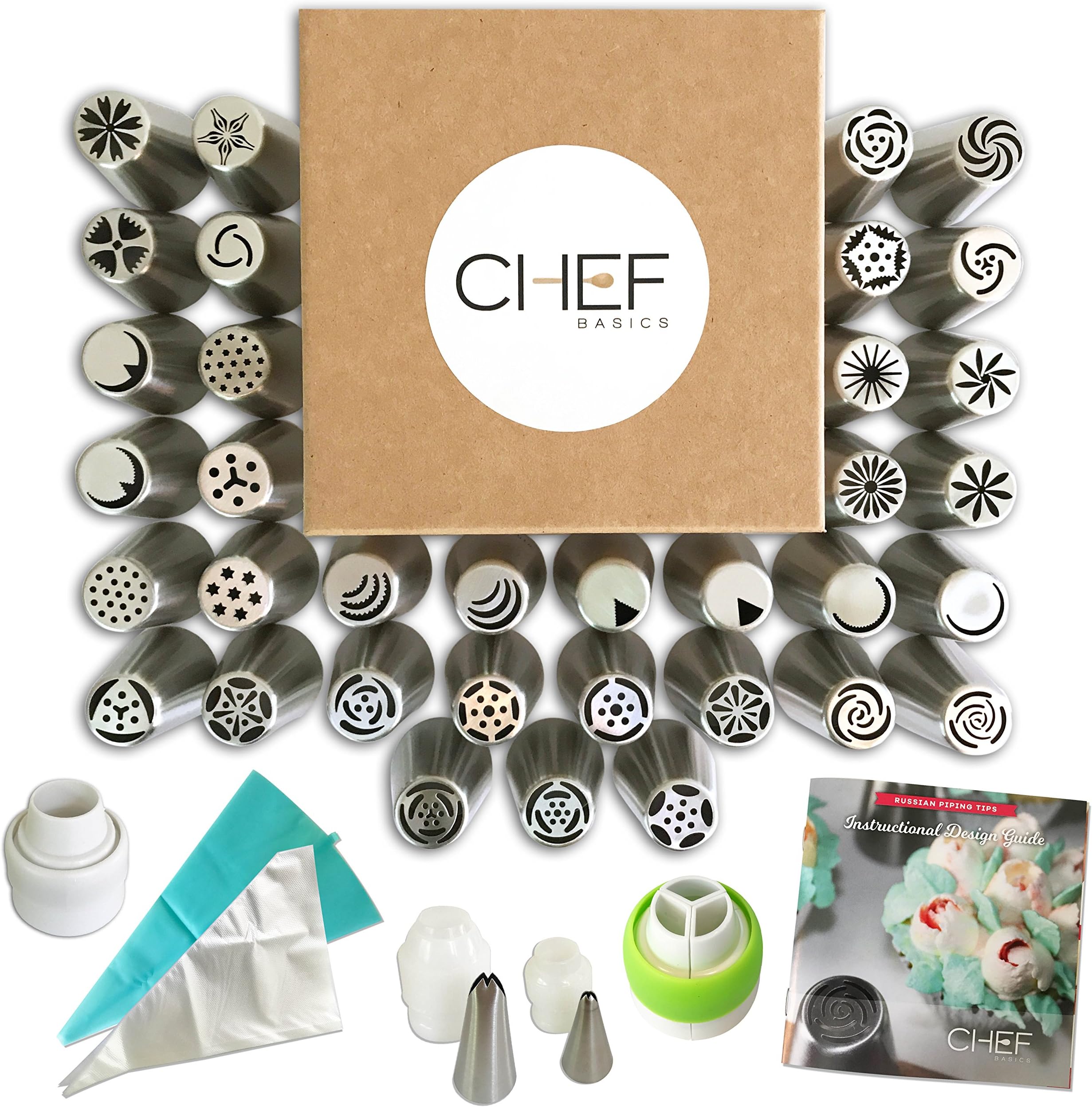 Chef Basics' 63 Piece Complete Russian Piping Tip Set w/35 Tips, 20 Large Disposable Bags, 1 Large Reusable Bag, 1 Tri and 1 Single-Coupler, Two Leaf Tips (1 Large, 1 Small), Printed Design Guide